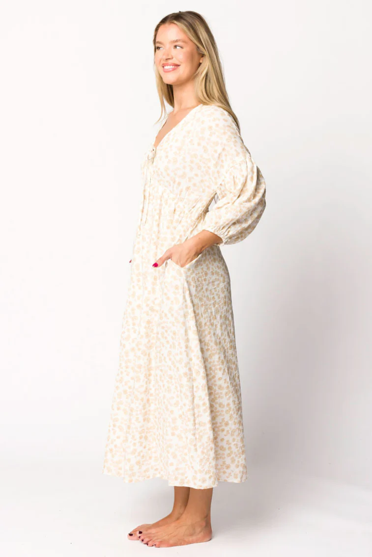 Hunter 100% Cotton Gauze Midi Dress in Natural/Fawn Floral - Bump Friendly - Image 10