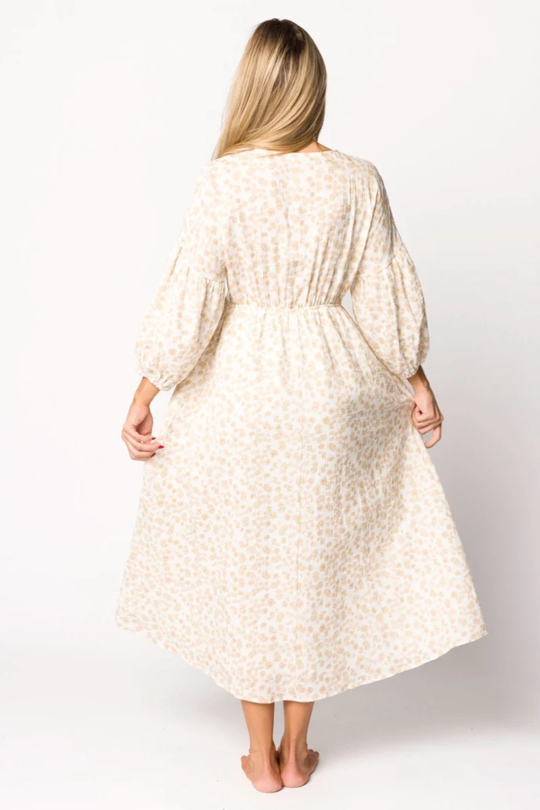 Hunter 100% Cotton Gauze Midi Dress in Natural/Fawn Floral - Bump Friendly - Image 12