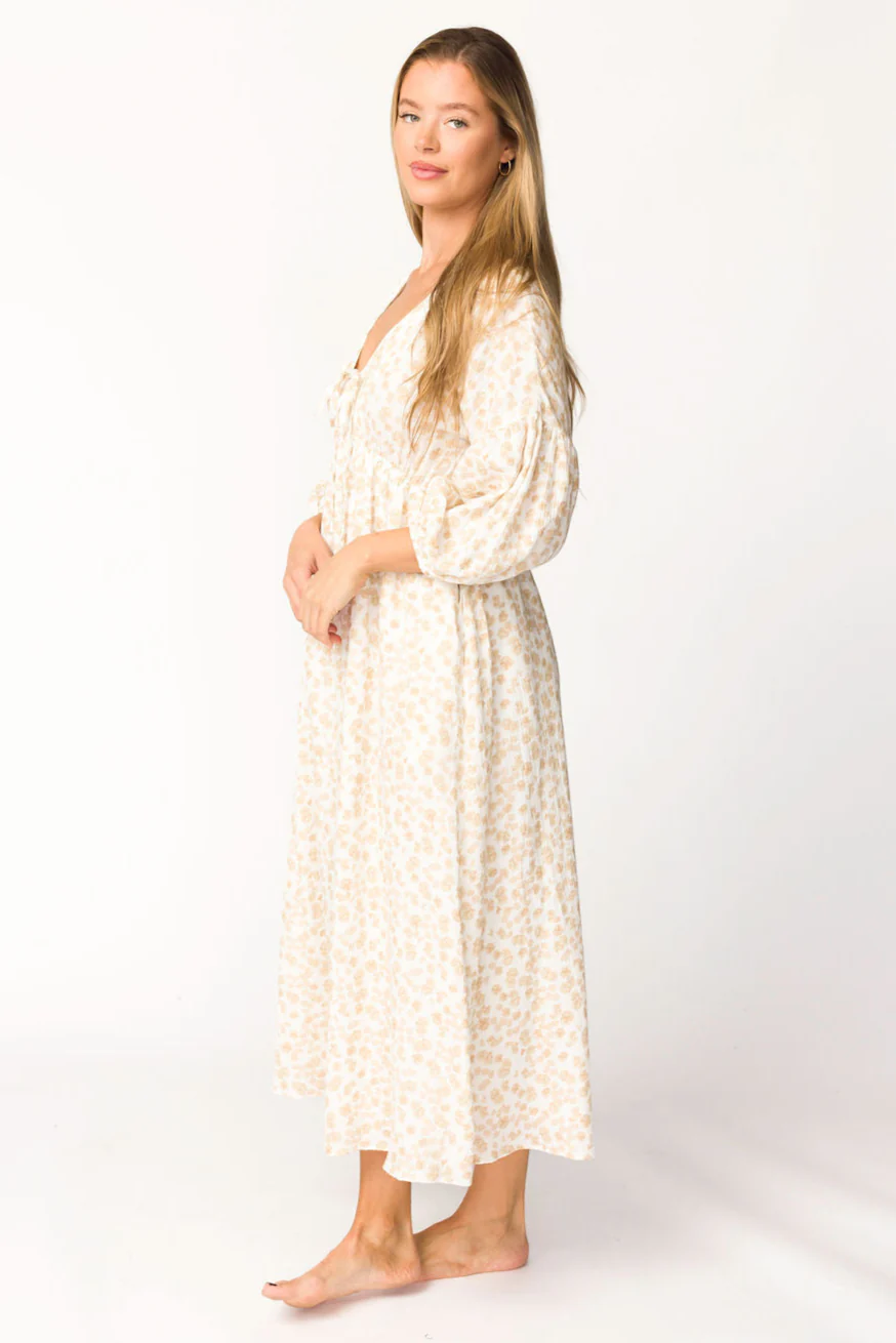 Hunter 100% Cotton Gauze Midi Dress in Natural/Fawn Floral - Bump Friendly - Image 14