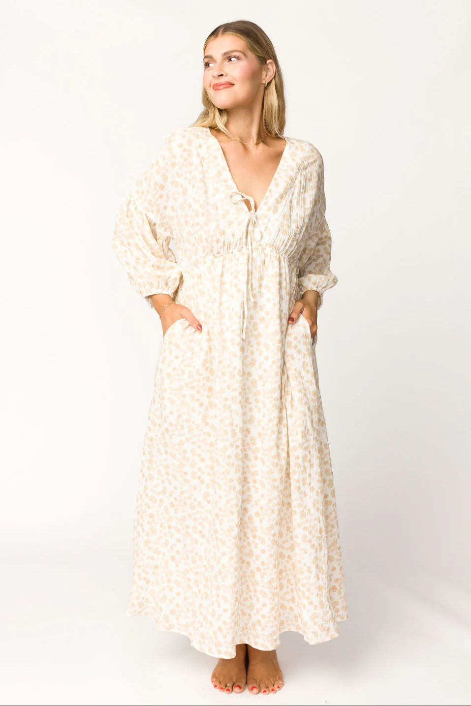 Hunter 100% Cotton Gauze Midi Dress in Natural/Fawn Floral - Bump Friendly - Image 15