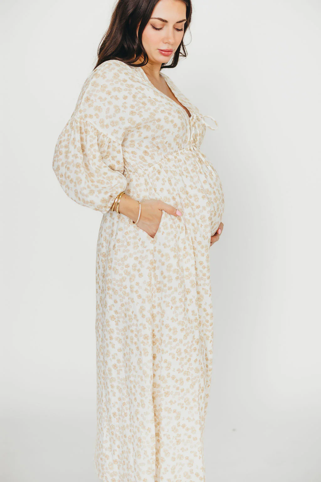 Hunter 100% Cotton Gauze Midi Dress in Natural/Fawn Floral - Bump Friendly - Image 25