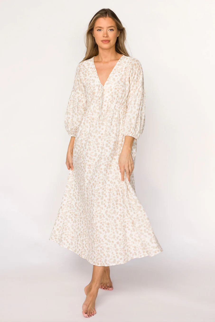 Hunter 100% Cotton Gauze Midi Dress in Natural/Fawn Floral - Bump Friendly - Image 3