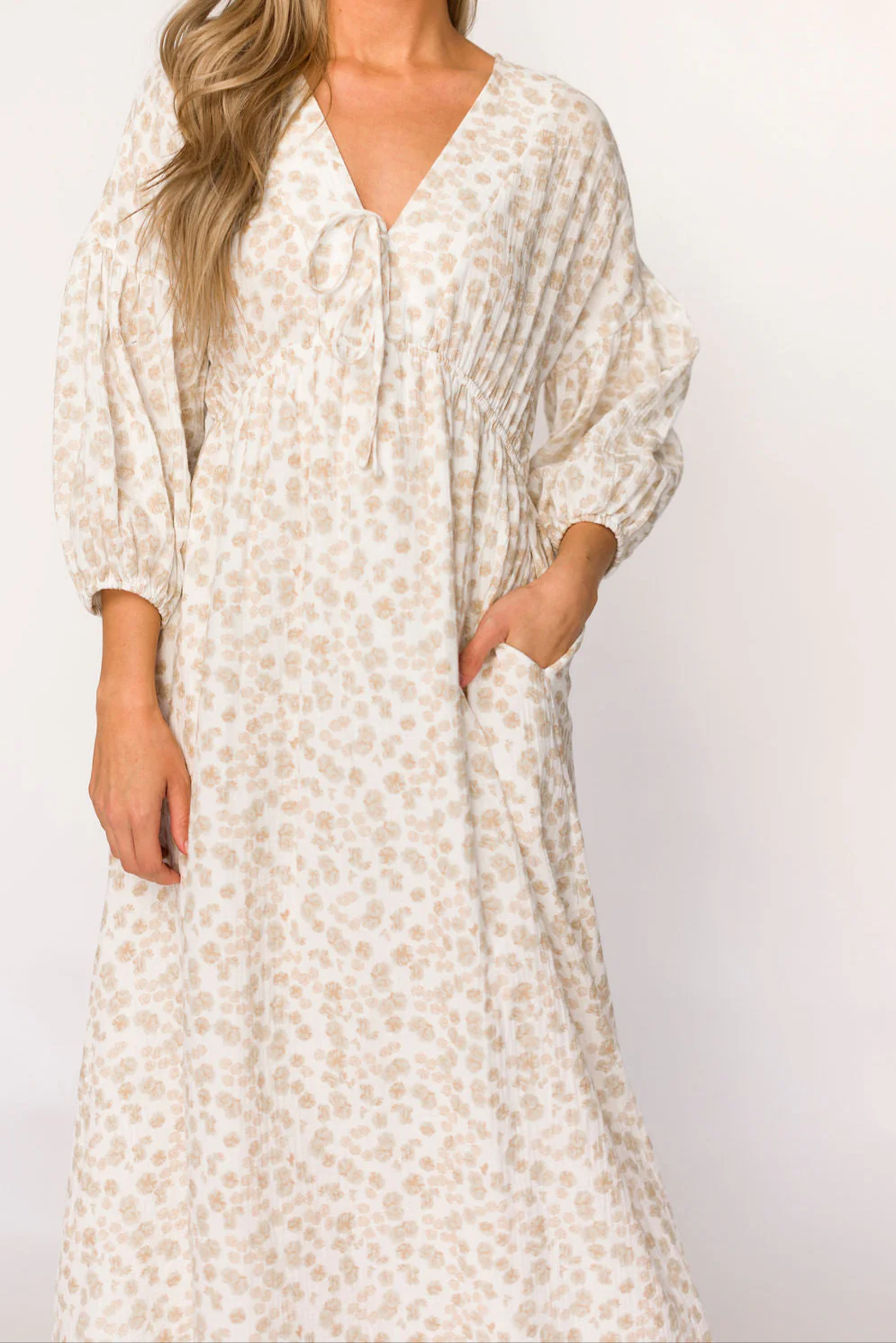 Hunter 100% Cotton Gauze Midi Dress in Natural/Fawn Floral - Bump Friendly - Image 4