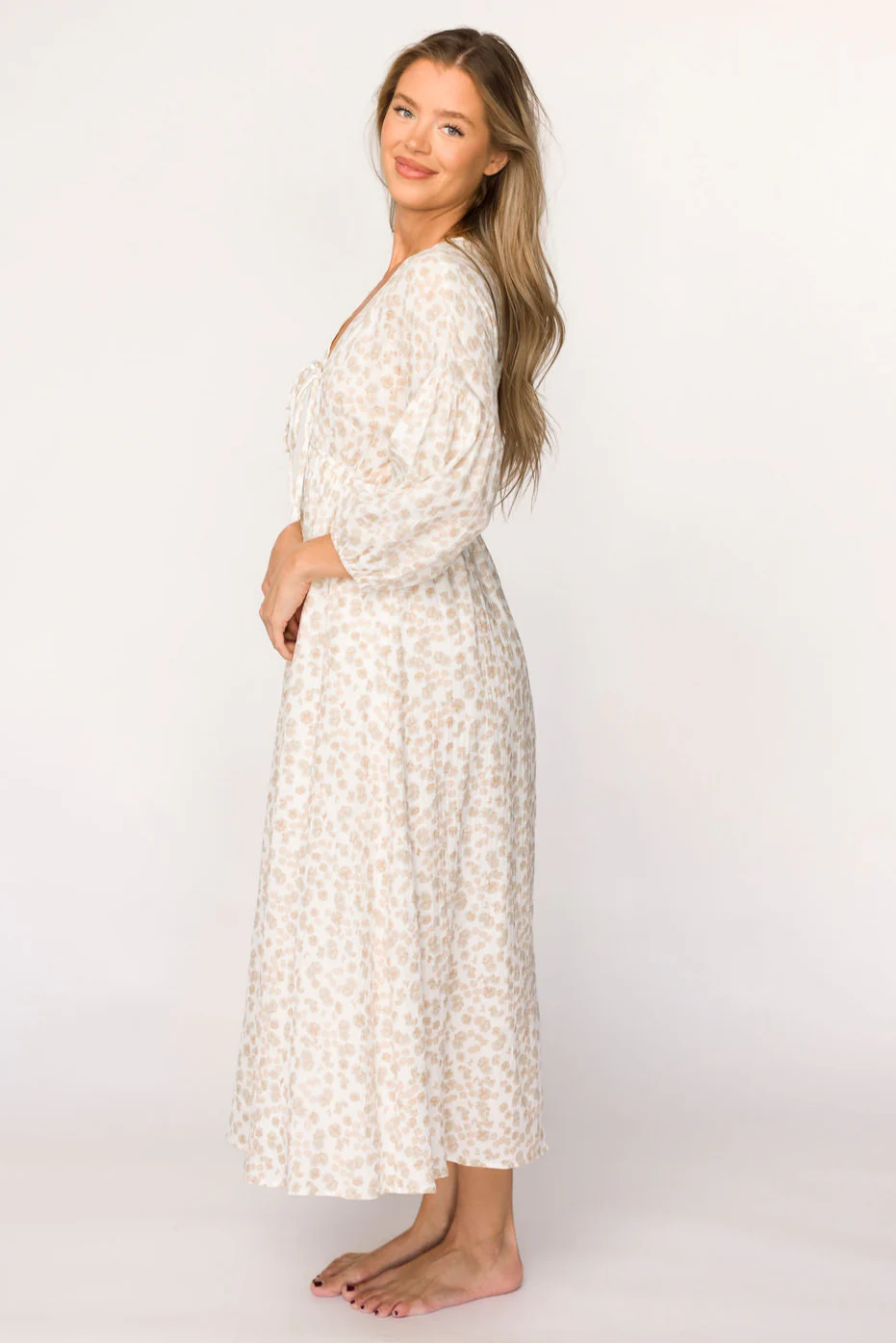 Hunter 100% Cotton Gauze Midi Dress in Natural/Fawn Floral - Bump Friendly - Image 5