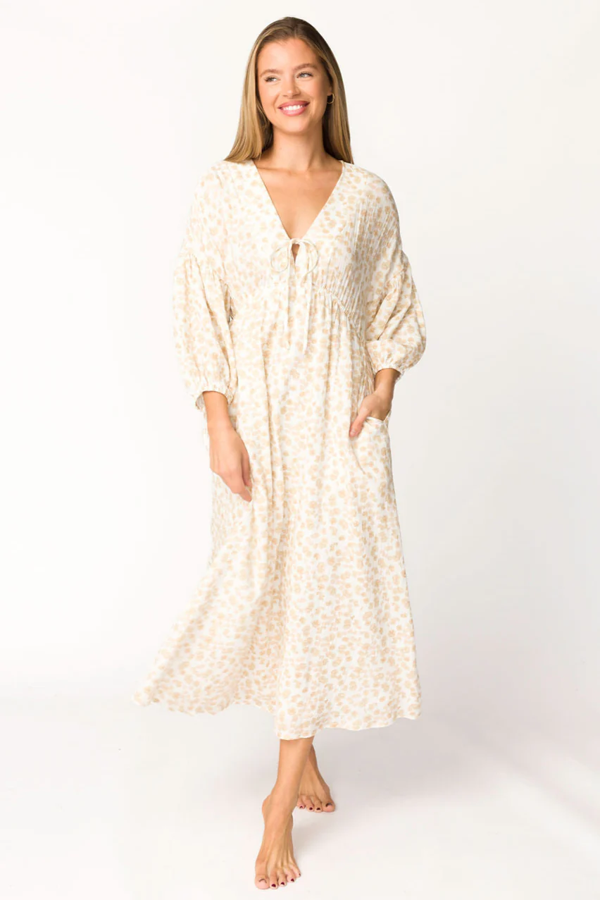 Hunter 100% Cotton Gauze Midi Dress in Natural/Fawn Floral - Bump Friendly - Image 6
