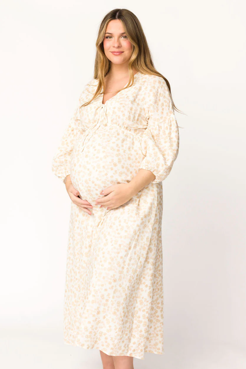 Hunter 100% Cotton Gauze Midi Dress in Natural/Fawn Floral - Bump Friendly - Image 7