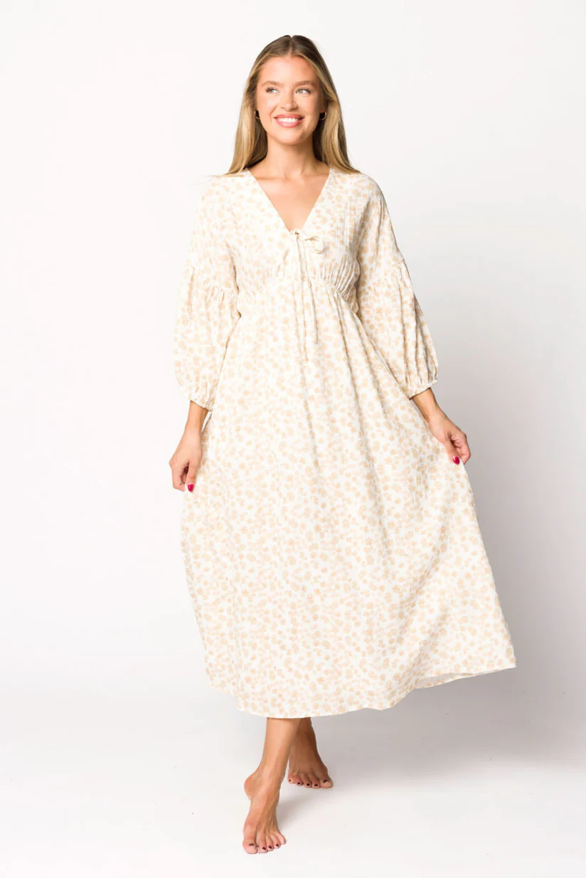 Hunter 100% Cotton Gauze Midi Dress in Natural/Fawn Floral - Bump Friendly - Image 8