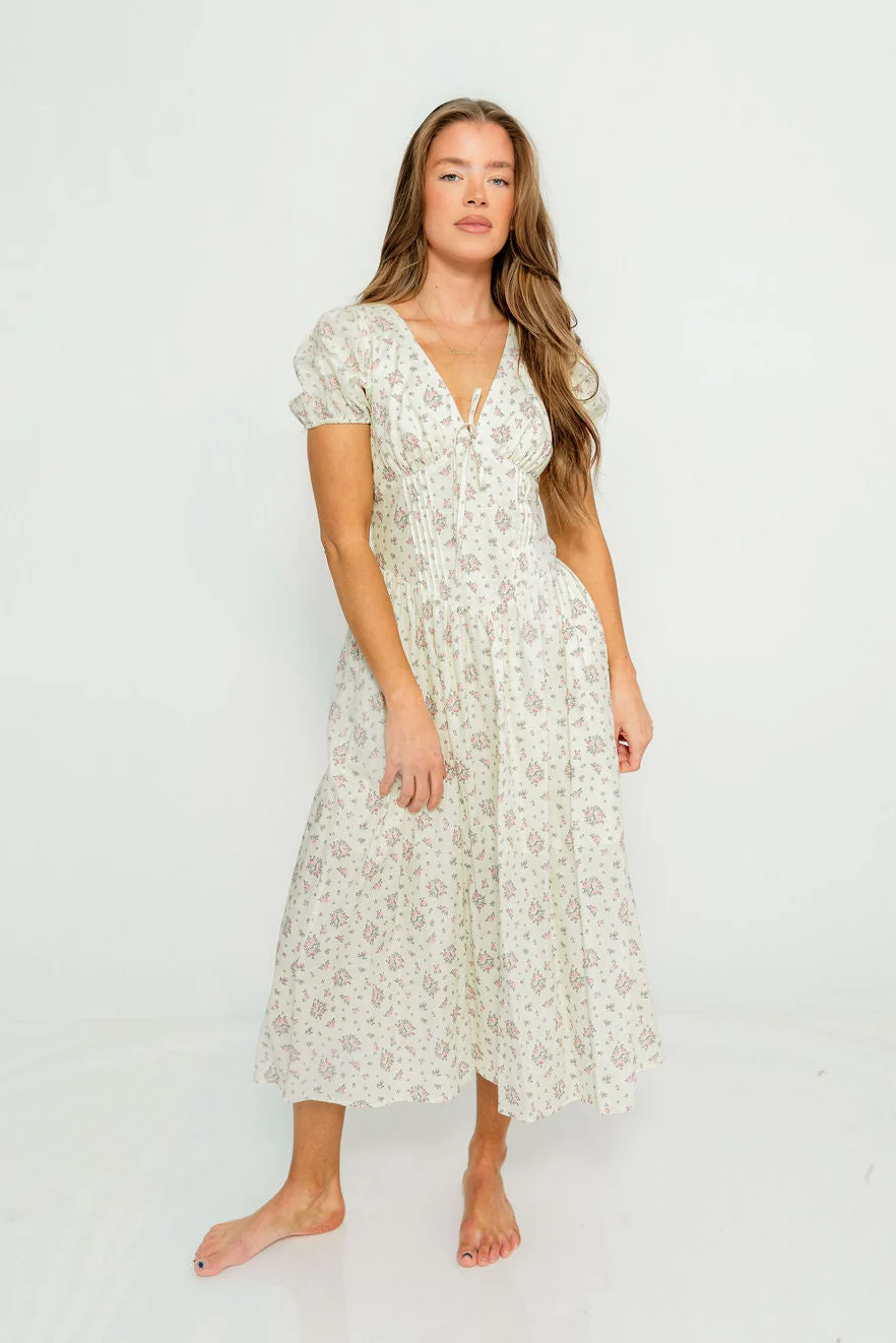 Julie Midi Dress in Ivory/Pink Floral