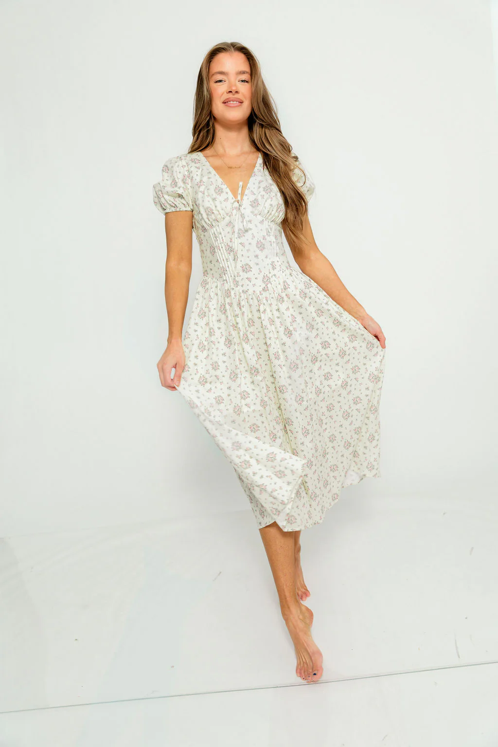 Julie Midi Dress in Ivory/Pink Floral - Image 3