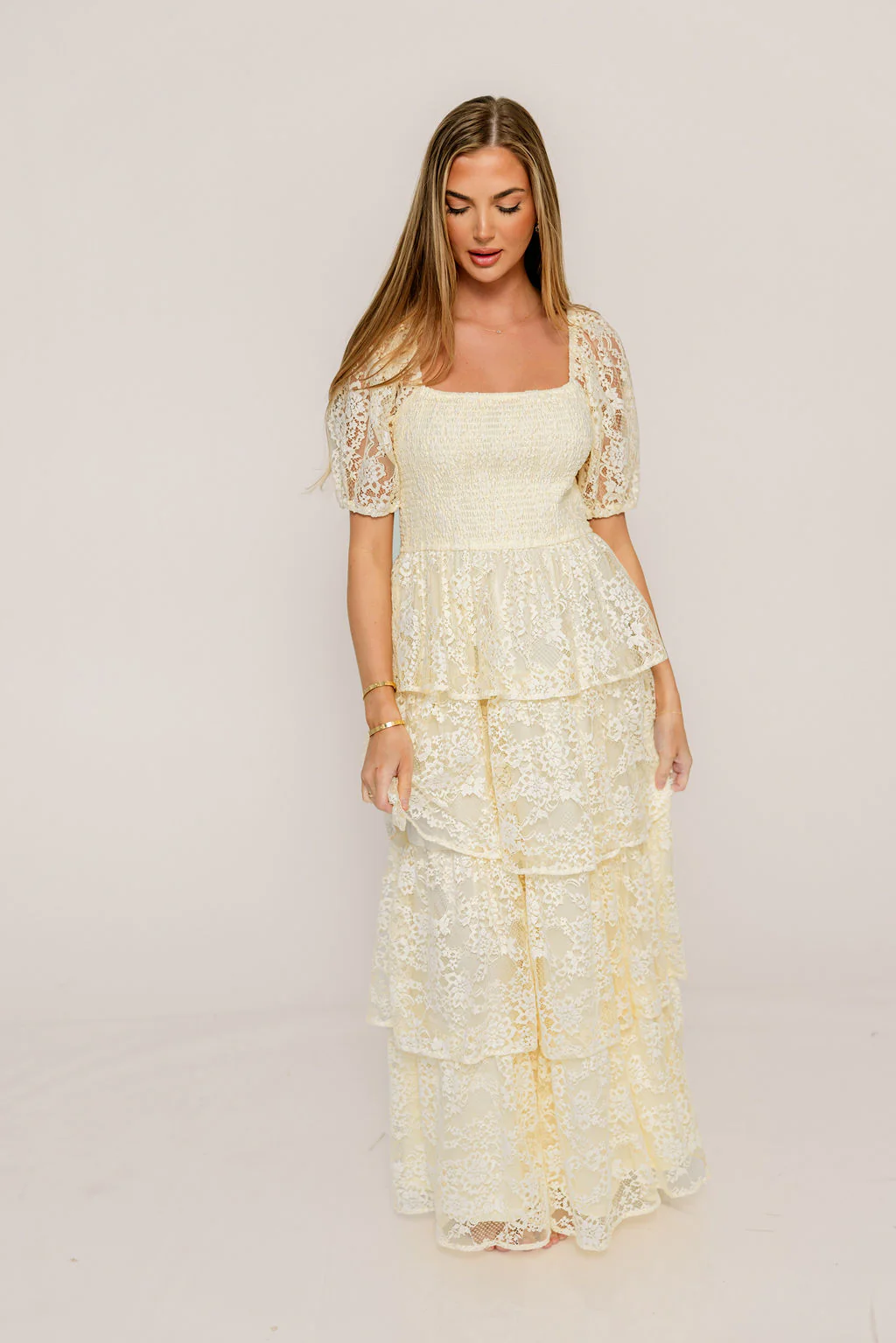 Athena Lace Tiered Smocked Maxi Dress in Butter Cream - Bump Friendly