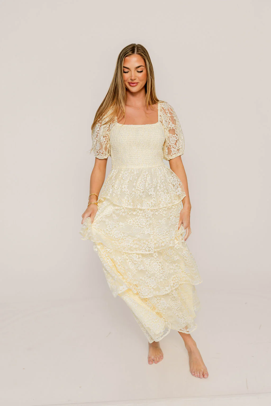 Athena Lace Tiered Smocked Maxi Dress in Butter Cream - Bump Friendly - Image 3
