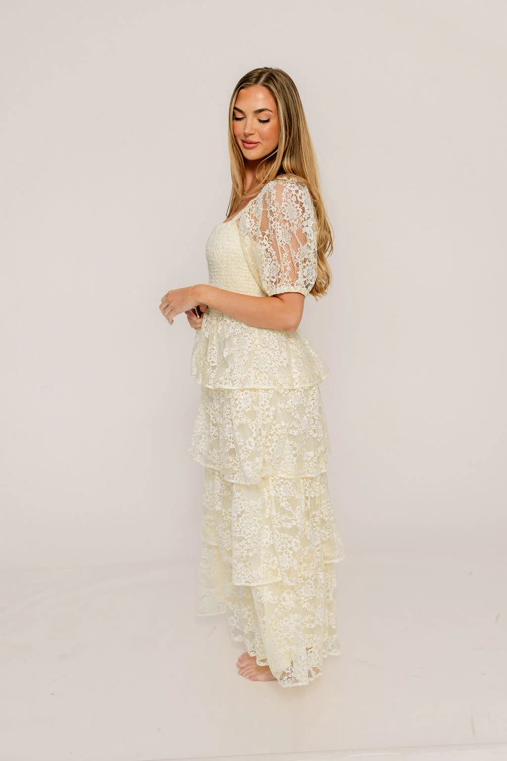 Athena Lace Tiered Smocked Maxi Dress in Butter Cream - Bump Friendly - Image 4