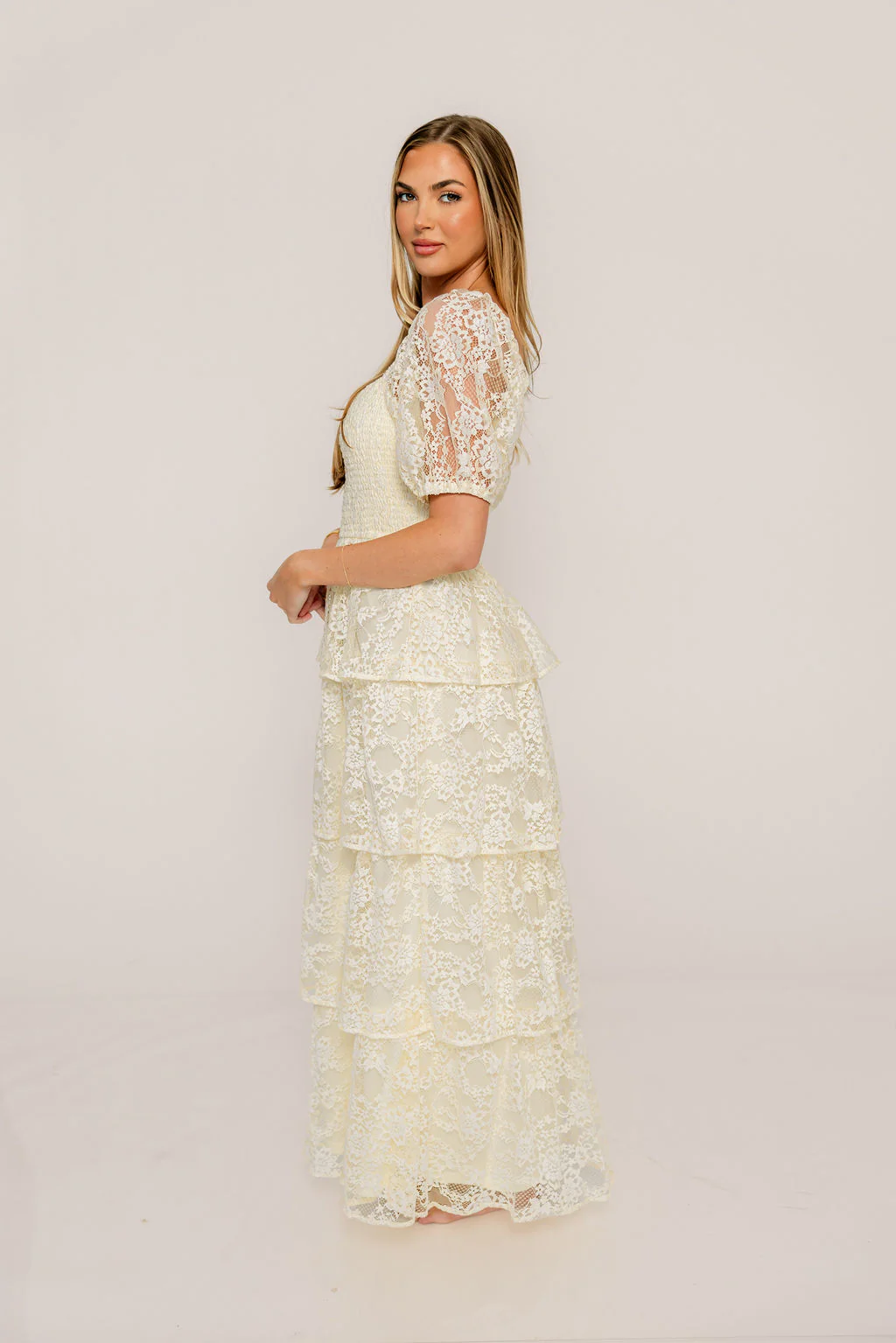 Athena Lace Tiered Smocked Maxi Dress in Butter Cream - Bump Friendly - Image 6