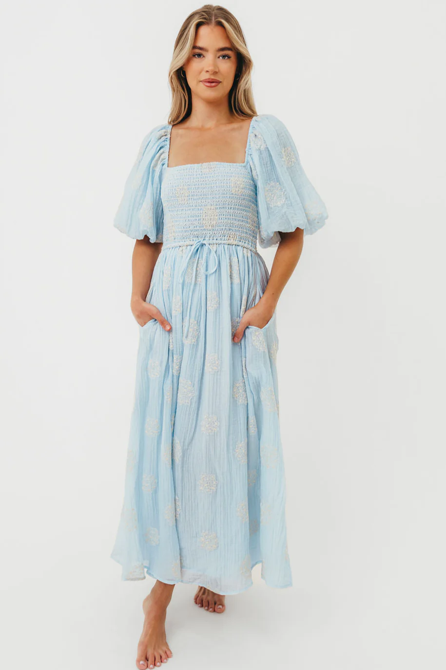 Aimee Smocked Embroidered Floral Midi Dress in Blue