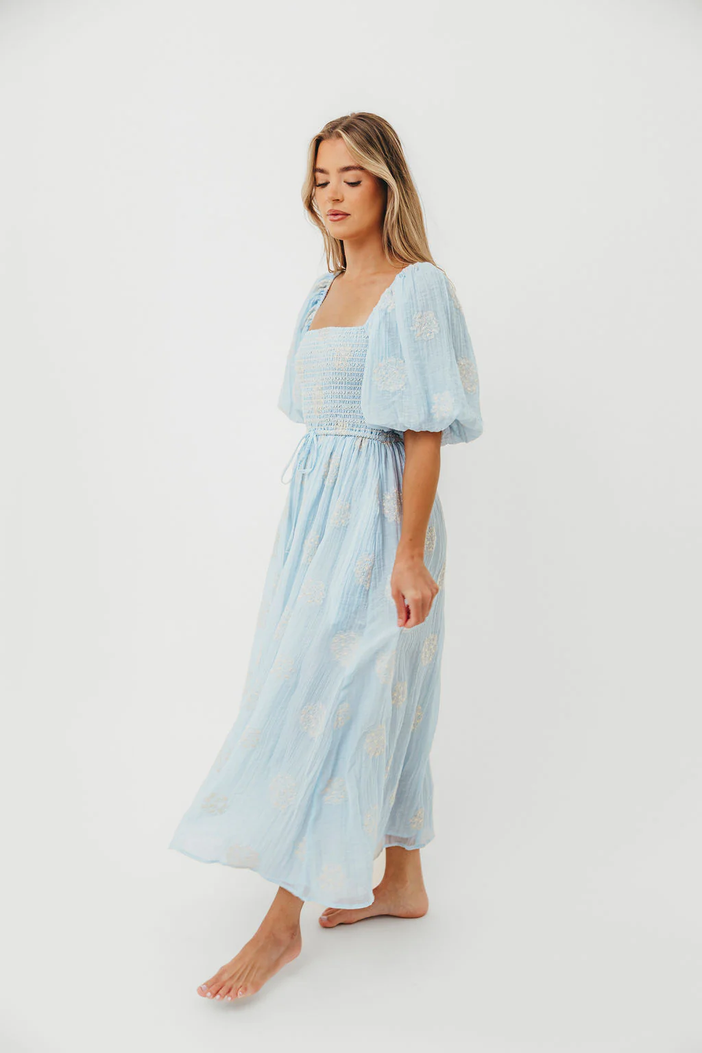 Aimee Smocked Embroidered Floral Midi Dress in Blue - Image 2