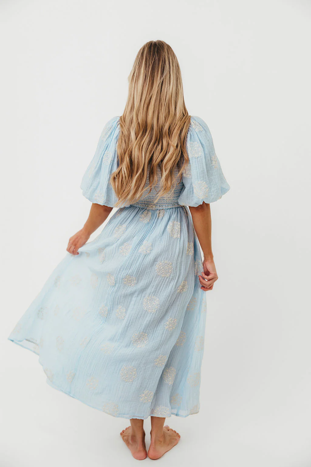 Aimee Smocked Embroidered Floral Midi Dress in Blue - Image 3