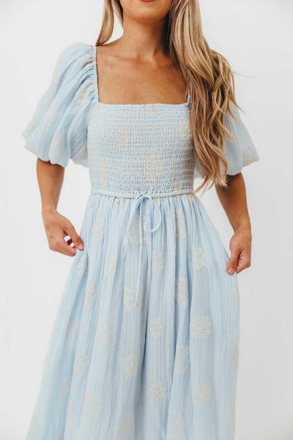Aimee Smocked Embroidered Floral Midi Dress in Blue - Image 4
