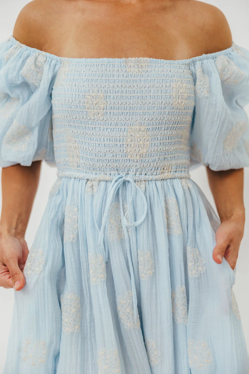 Aimee Smocked Embroidered Floral Midi Dress in Blue - Image 5