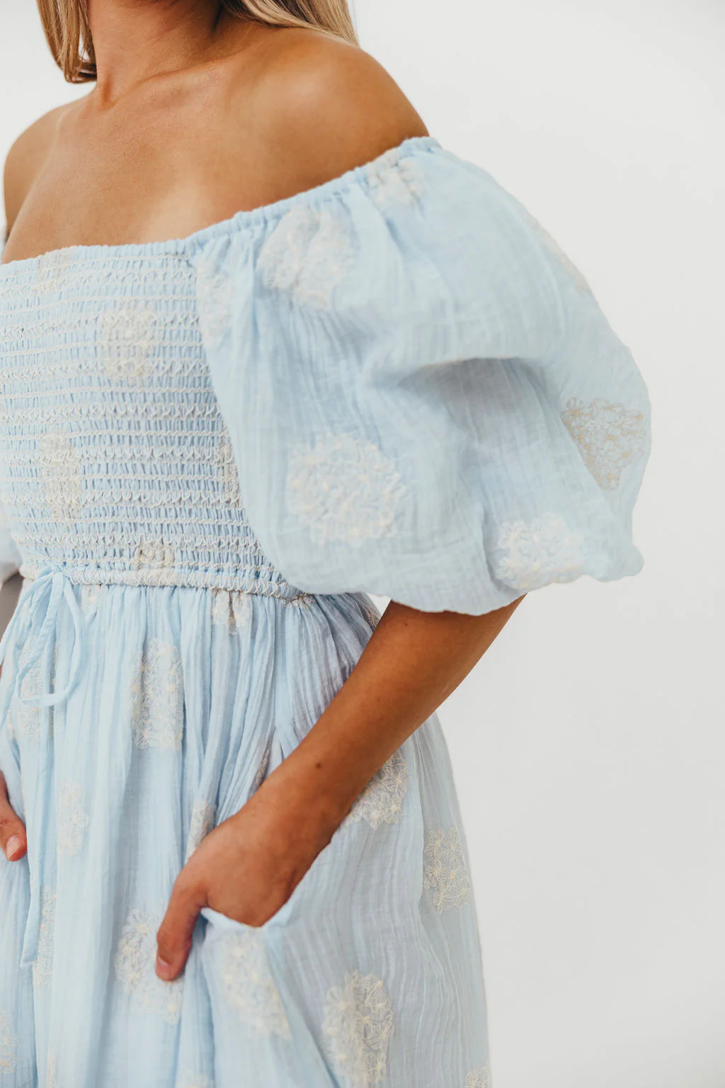 Aimee Smocked Embroidered Floral Midi Dress in Blue - Image 6