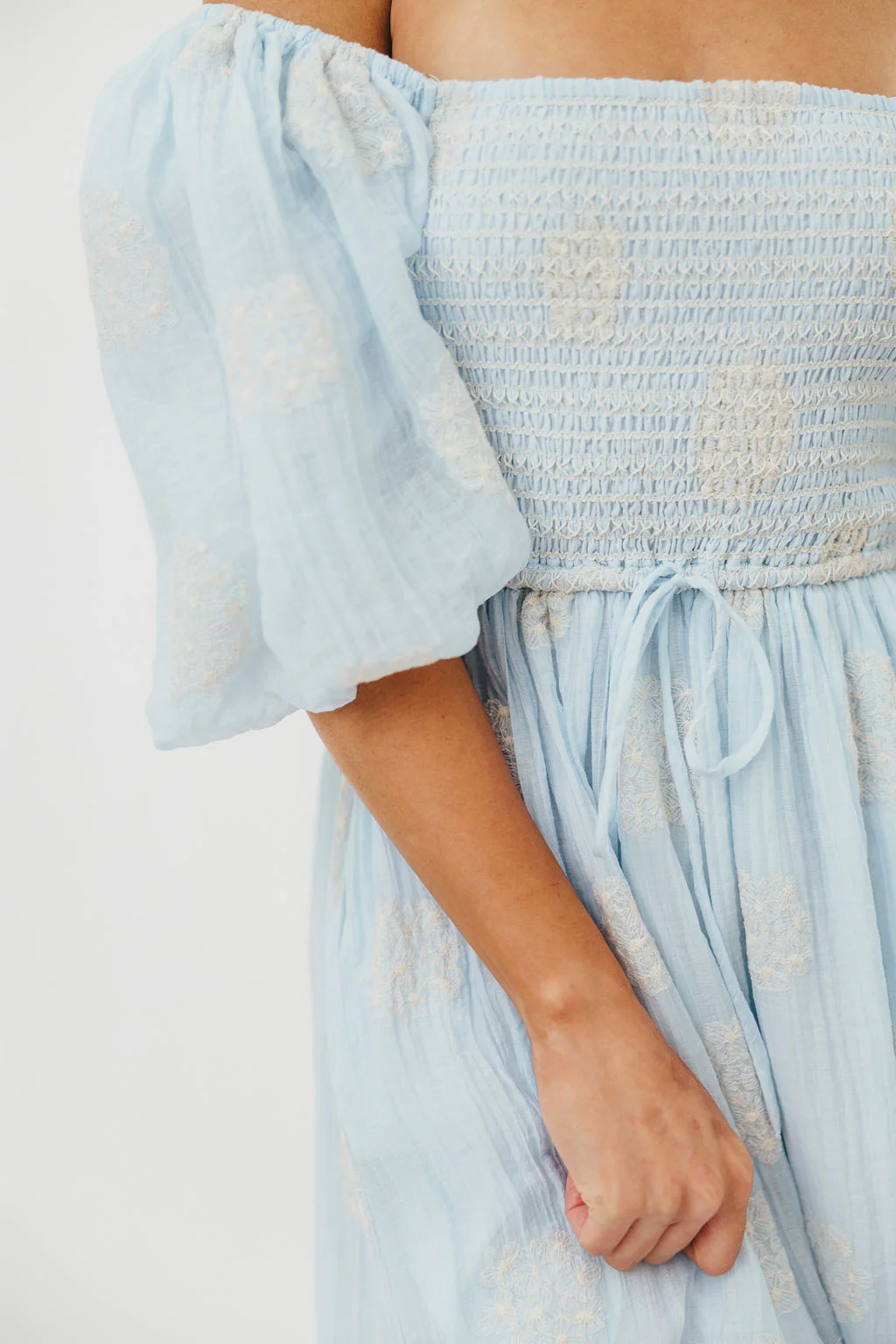 Aimee Smocked Embroidered Floral Midi Dress in Blue - Image 7