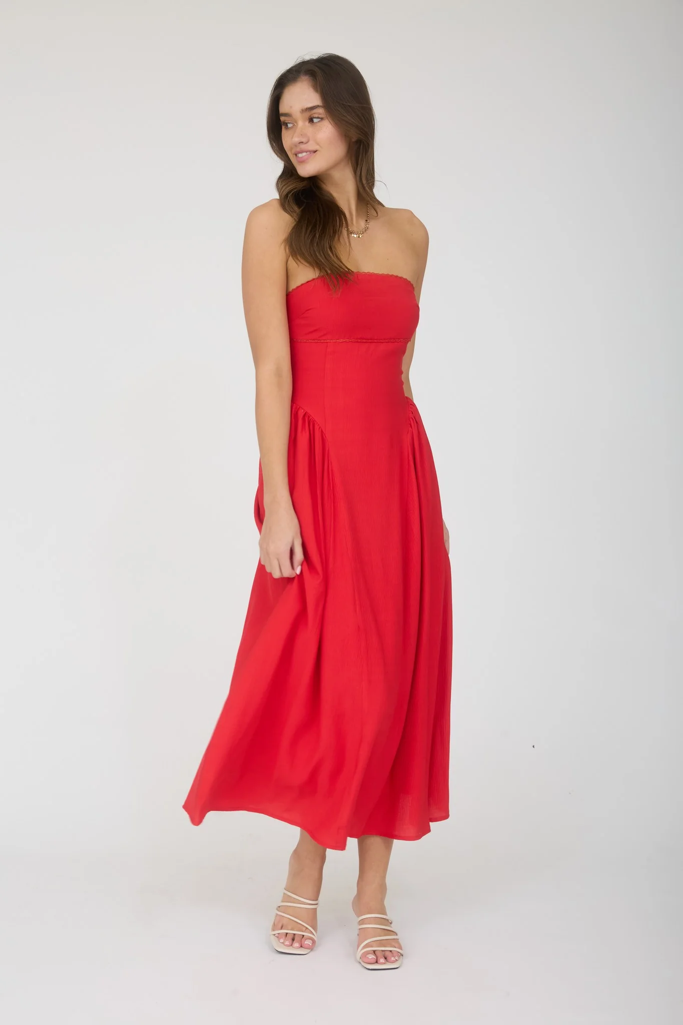 Alani Lace Trim Strapless Midi Dress in Red