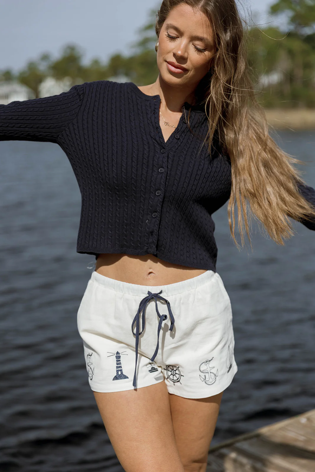 Marina Nautical Embroidered Shorts in Off-White - Image 3