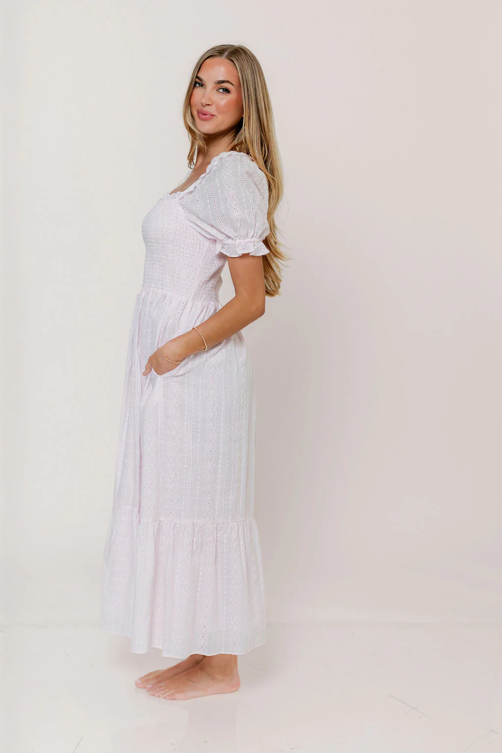 Abigail Smocked Eyelet Lace Maxi Dress in Pink Salt