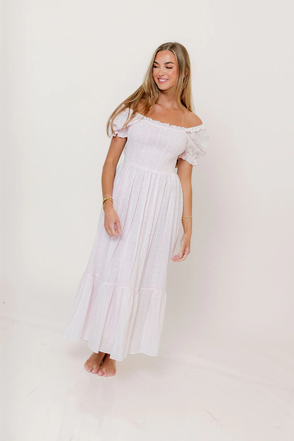 Abigail Smocked Eyelet Lace Maxi Dress in Pink Salt - Image 2