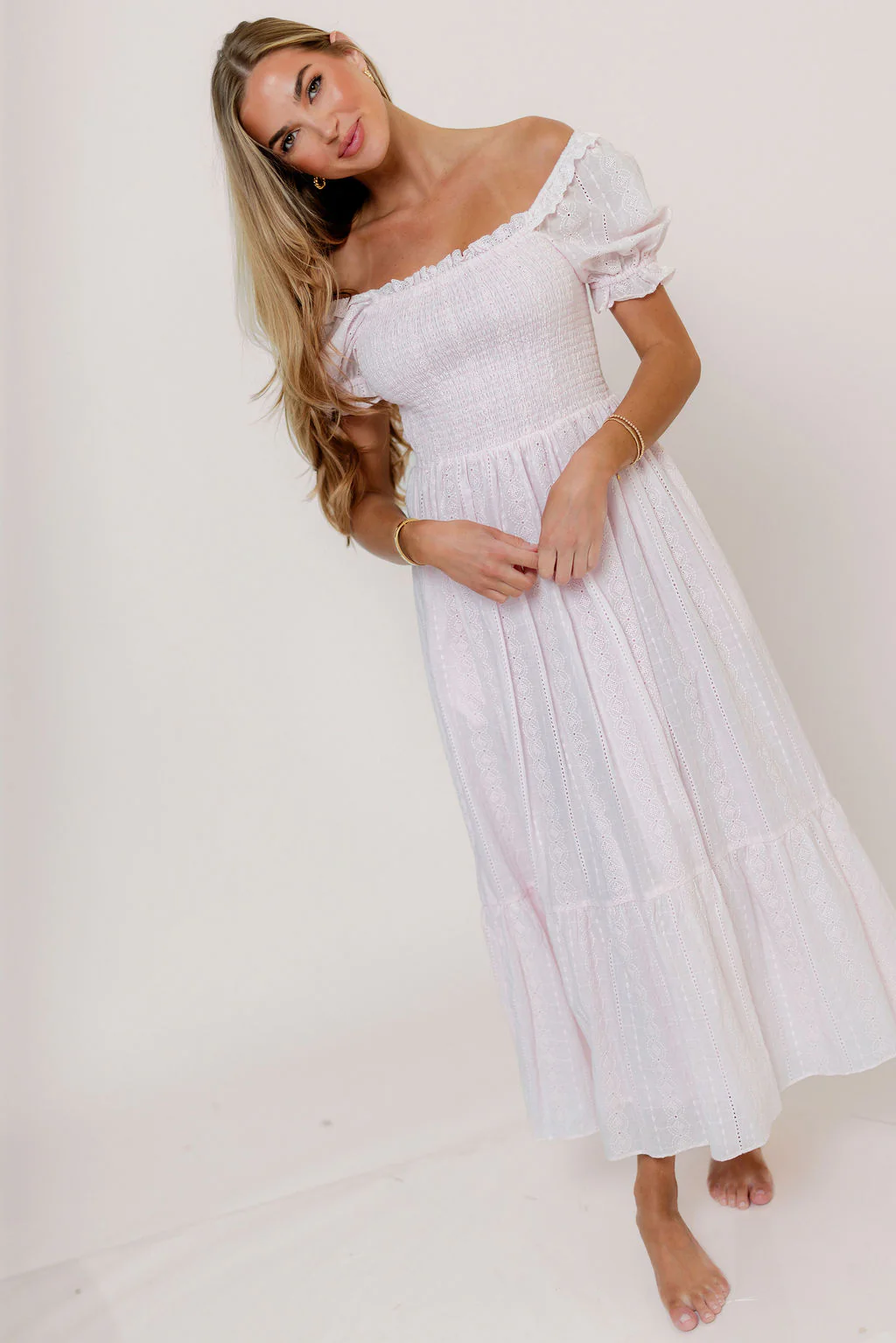 Abigail Smocked Eyelet Lace Maxi Dress in Pink Salt - Image 3