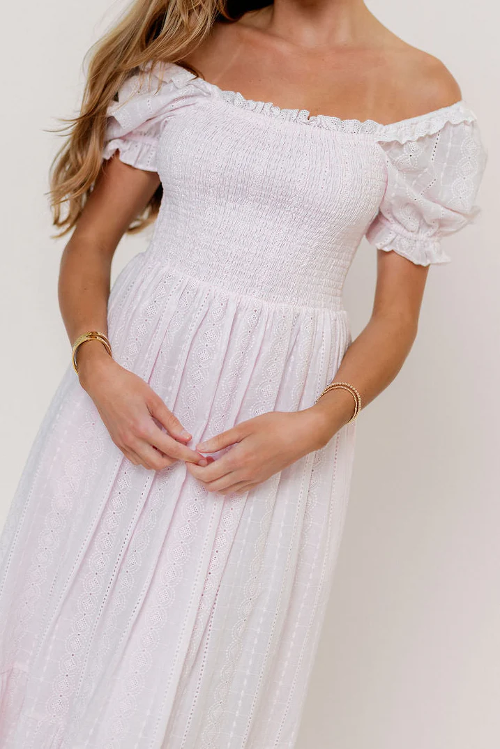 Abigail Smocked Eyelet Lace Maxi Dress in Pink Salt - Image 4