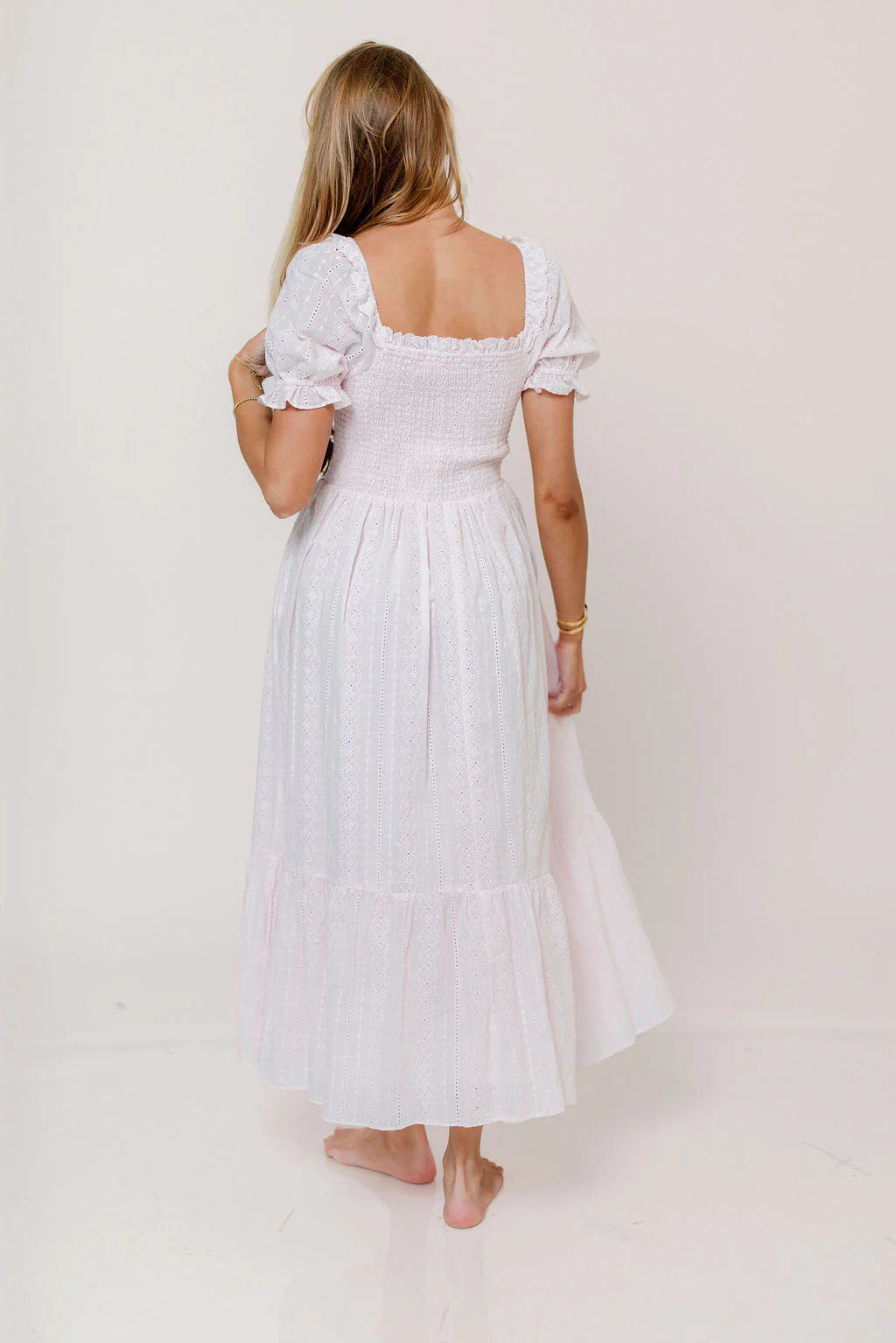 Abigail Smocked Eyelet Lace Maxi Dress in Pink Salt - Image 6