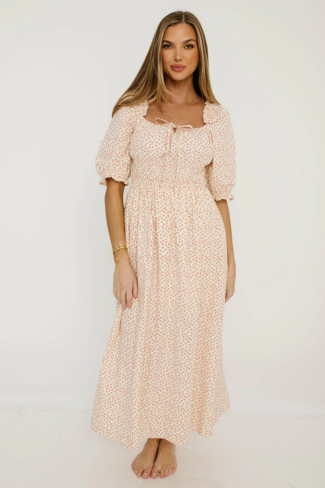 Amalia 100% Cotton Floral Puff Sleeve Midi Dress in Natural/Pink