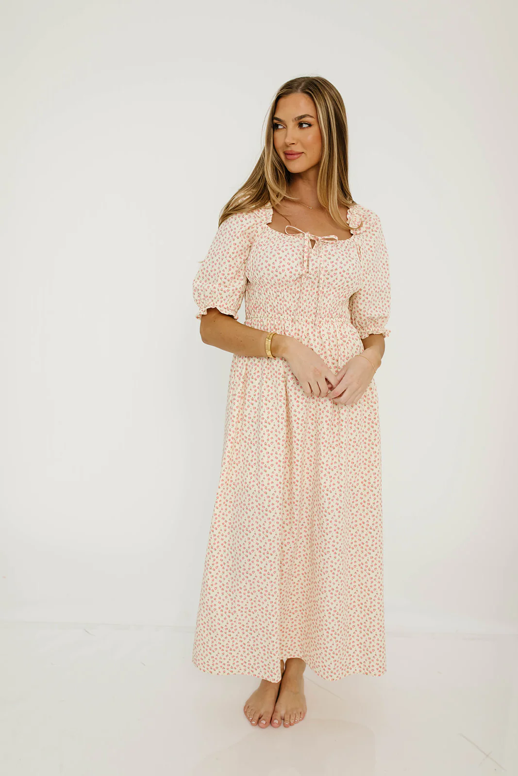 Amalia 100% Cotton Floral Puff Sleeve Midi Dress in Natural/Pink - Image 2