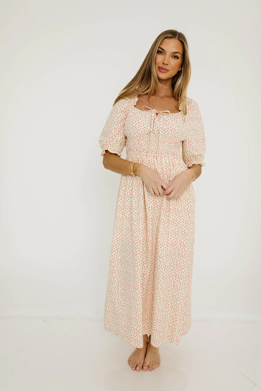 Amalia 100% Cotton Floral Puff Sleeve Midi Dress in Natural/Pink - Image 3