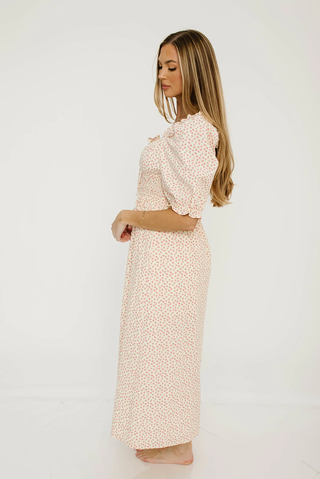 Amalia 100% Cotton Floral Puff Sleeve Midi Dress in Natural/Pink - Image 5