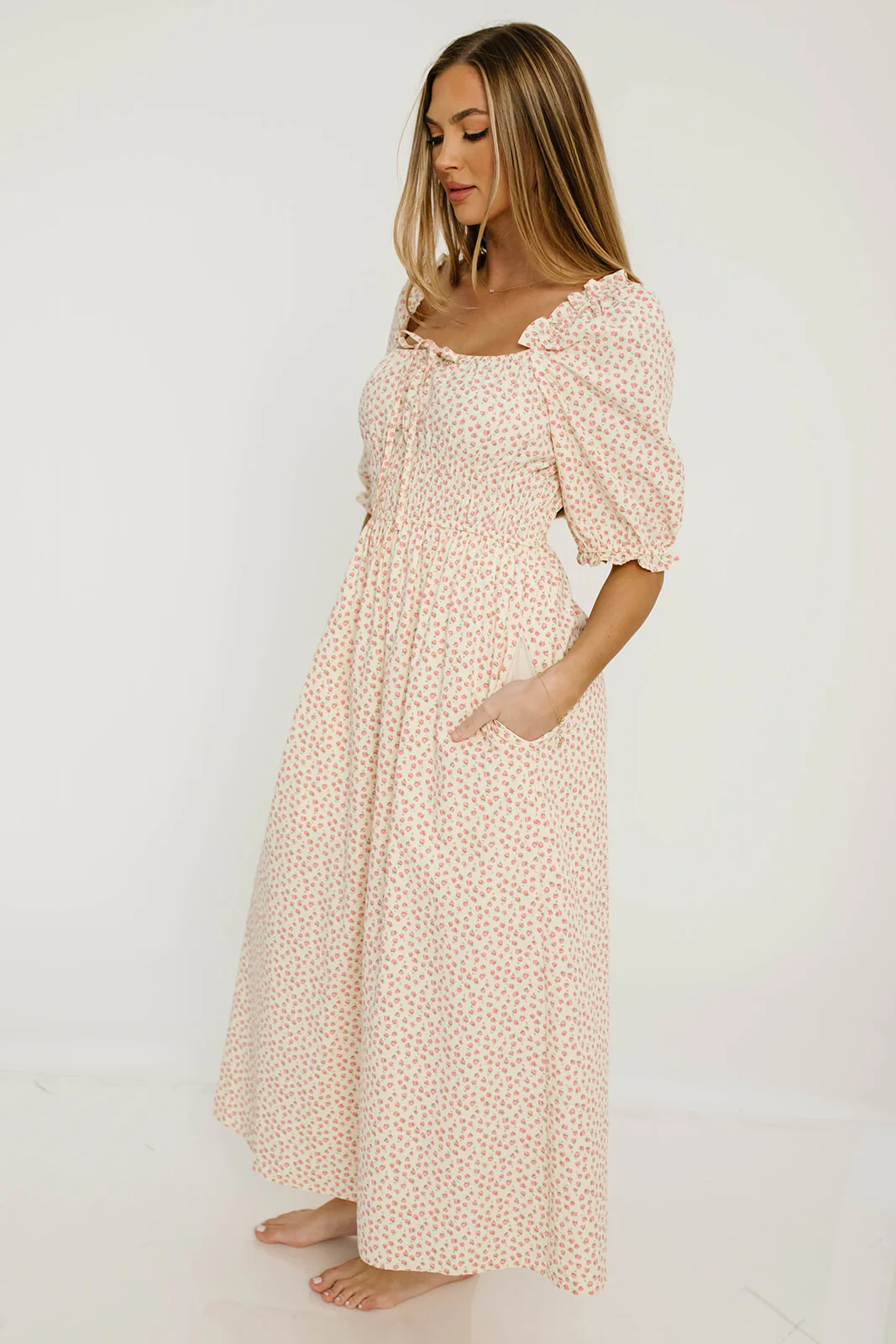Amalia 100% Cotton Floral Puff Sleeve Midi Dress in Natural/Pink - Image 6