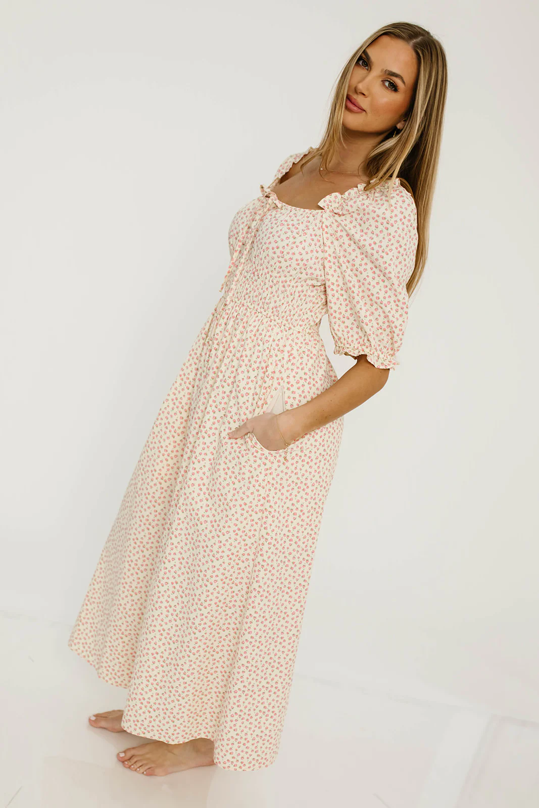 Amalia 100% Cotton Floral Puff Sleeve Midi Dress in Natural/Pink - Image 7