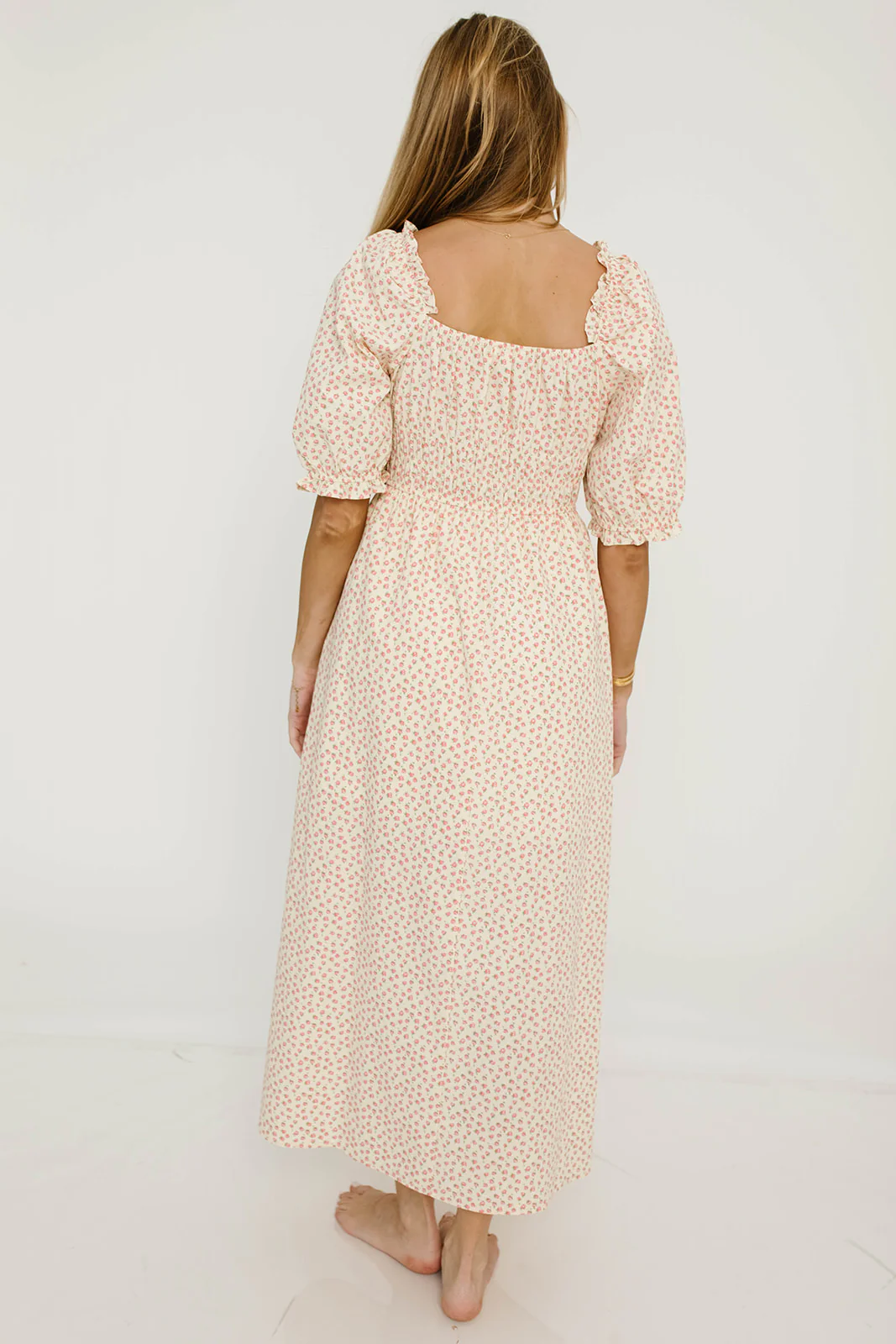 Amalia 100% Cotton Floral Puff Sleeve Midi Dress in Natural/Pink - Image 9