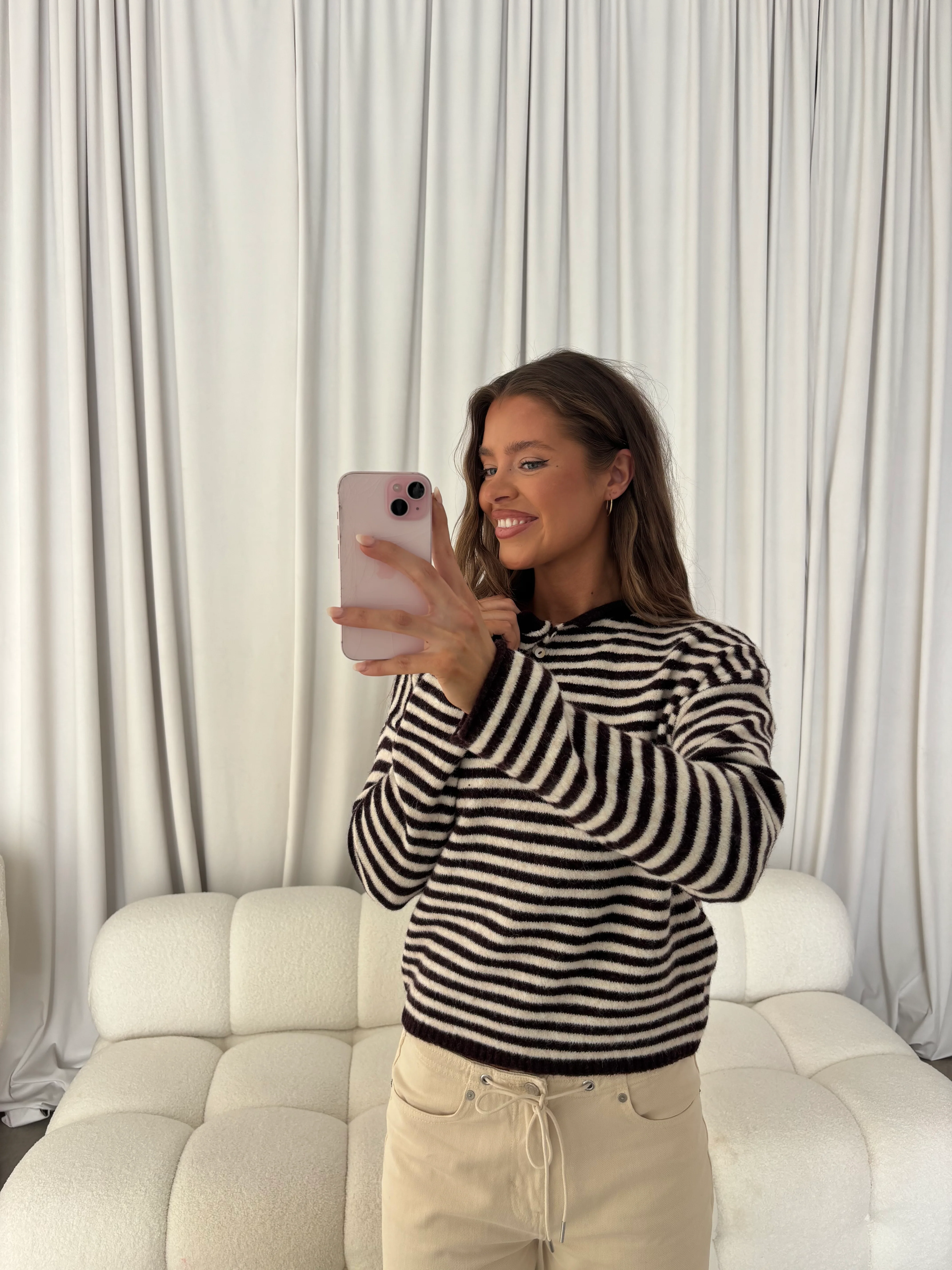 Hattie Striped Henley Pullover Sweater in Dark Wine - Image 2