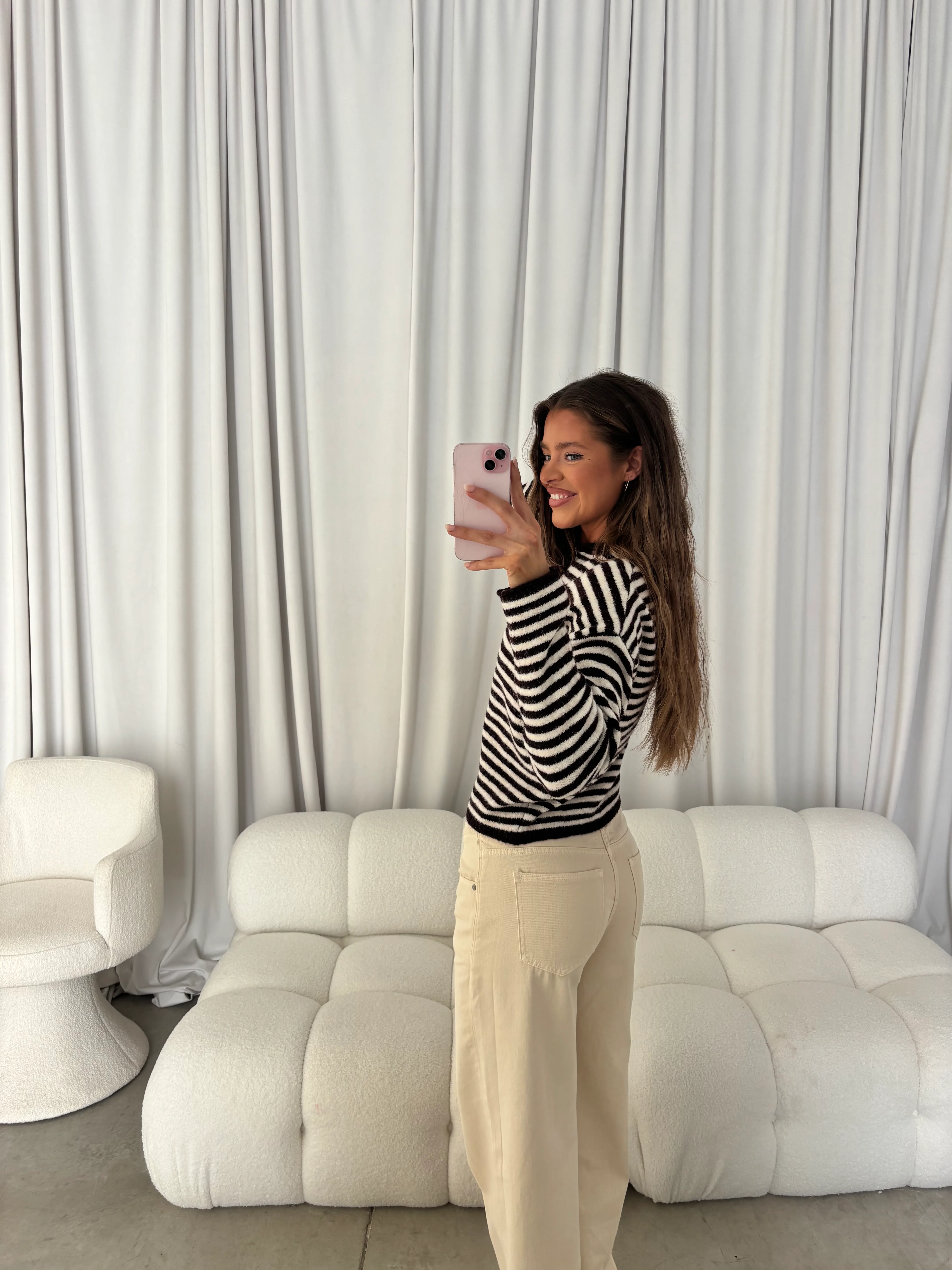 Hattie Striped Henley Pullover Sweater in Dark Wine - Image 4