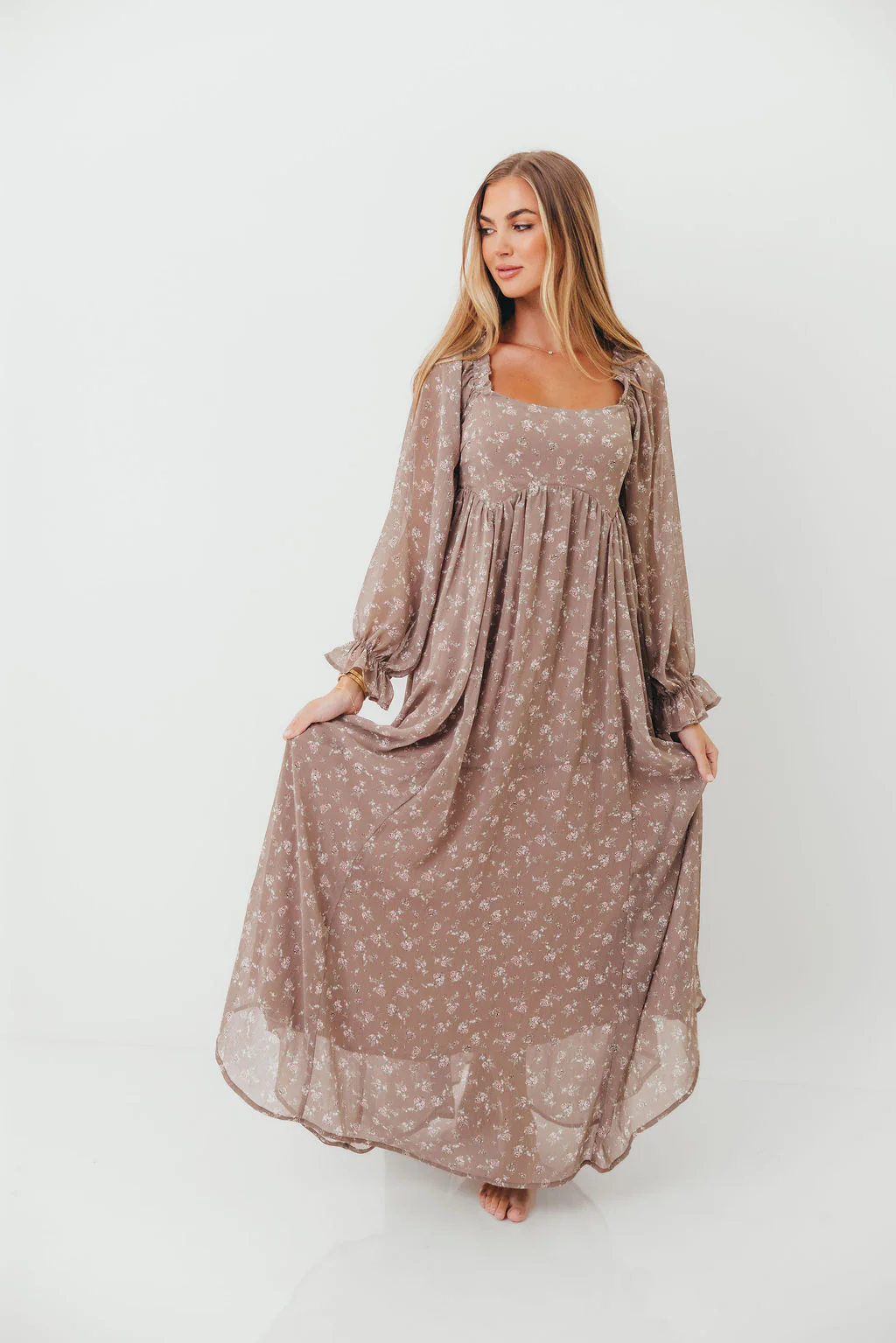Amy Floral Long Sleeve Maxi Dress in Mocha Multi - Bump Friendly (Restocking in August)