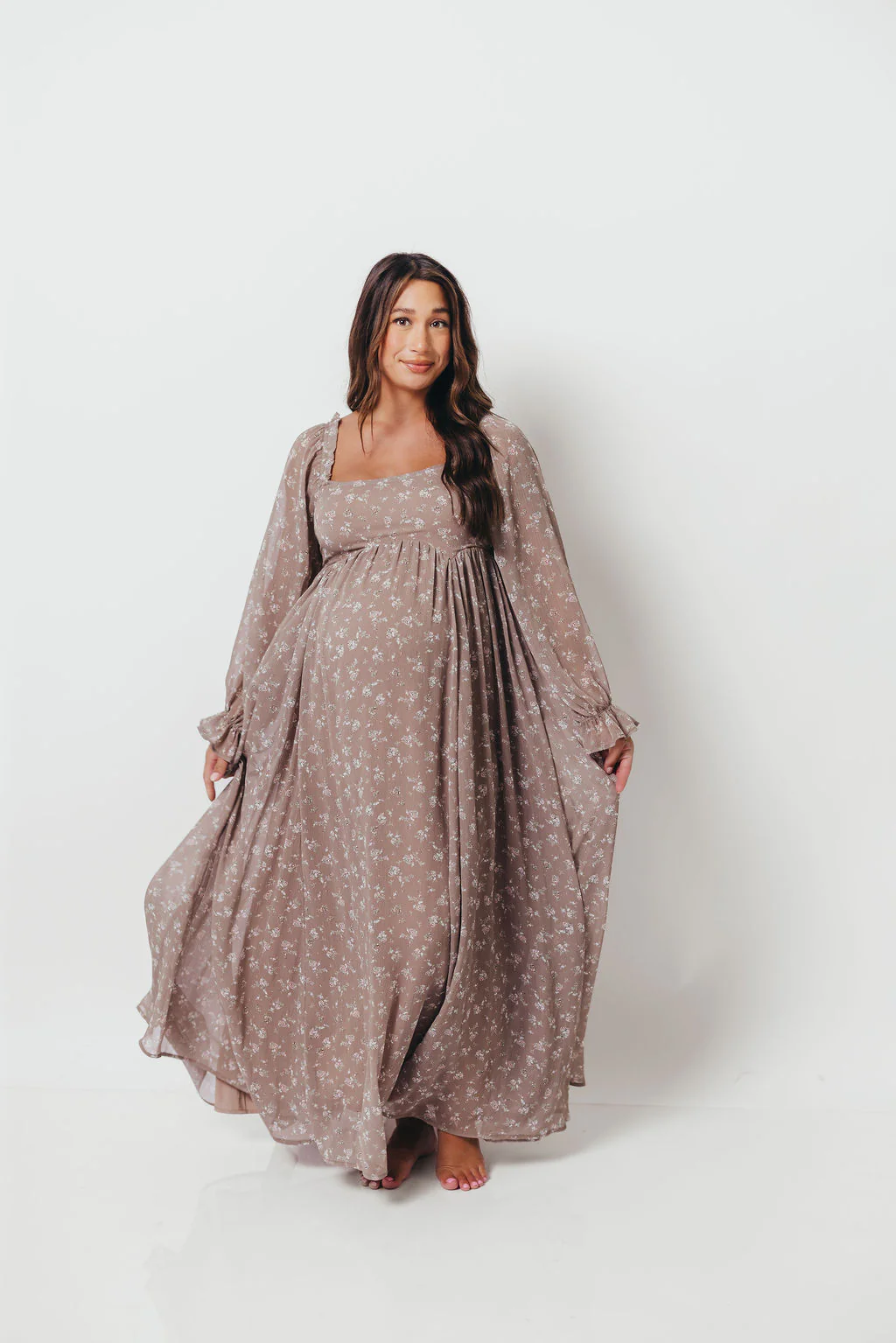 Amy Floral Long Sleeve Maxi Dress in Mocha Multi - Bump Friendly (Restocking in August) - Image 11