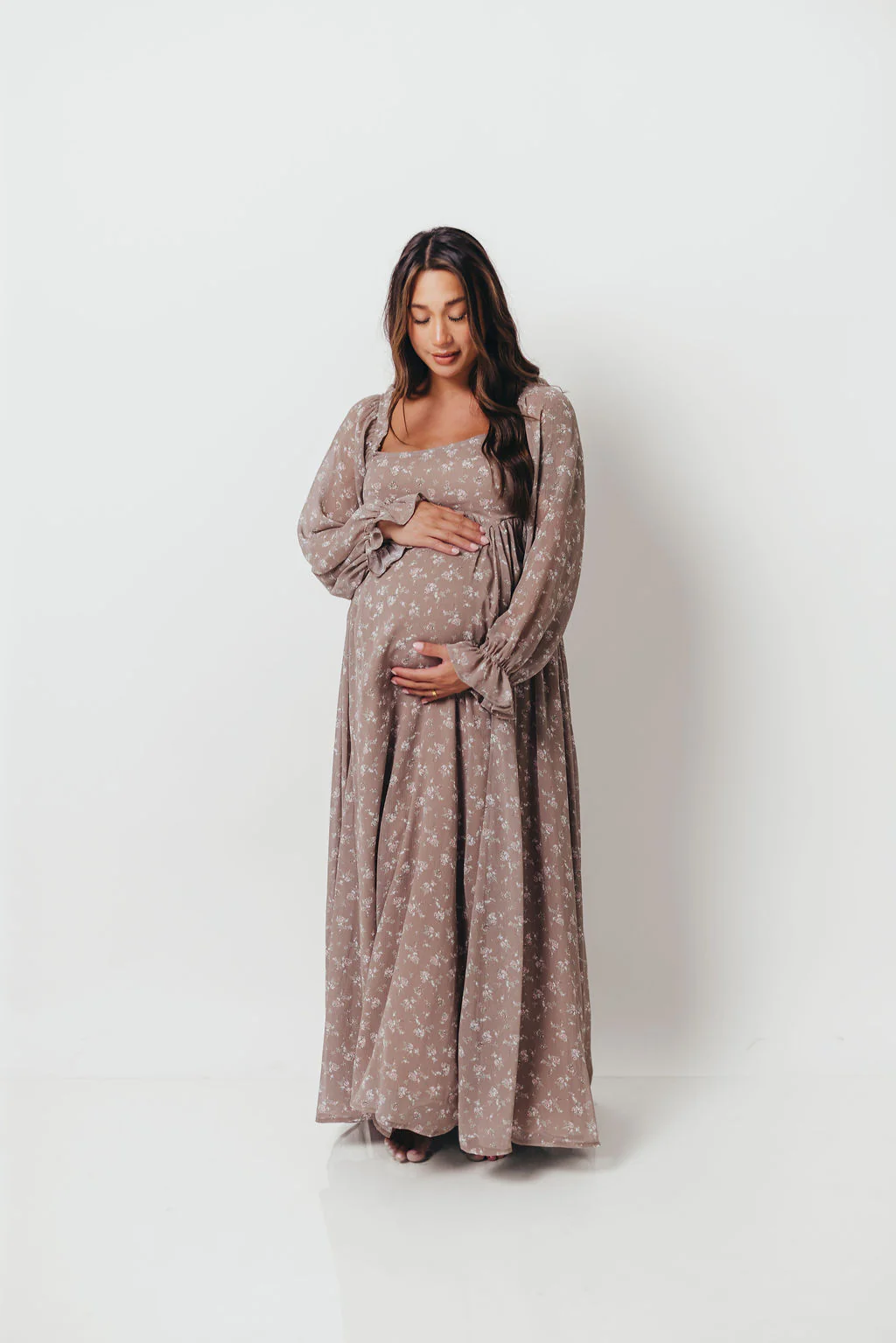 Amy Floral Long Sleeve Maxi Dress in Mocha Multi - Bump Friendly (Restocking in August) - Image 2