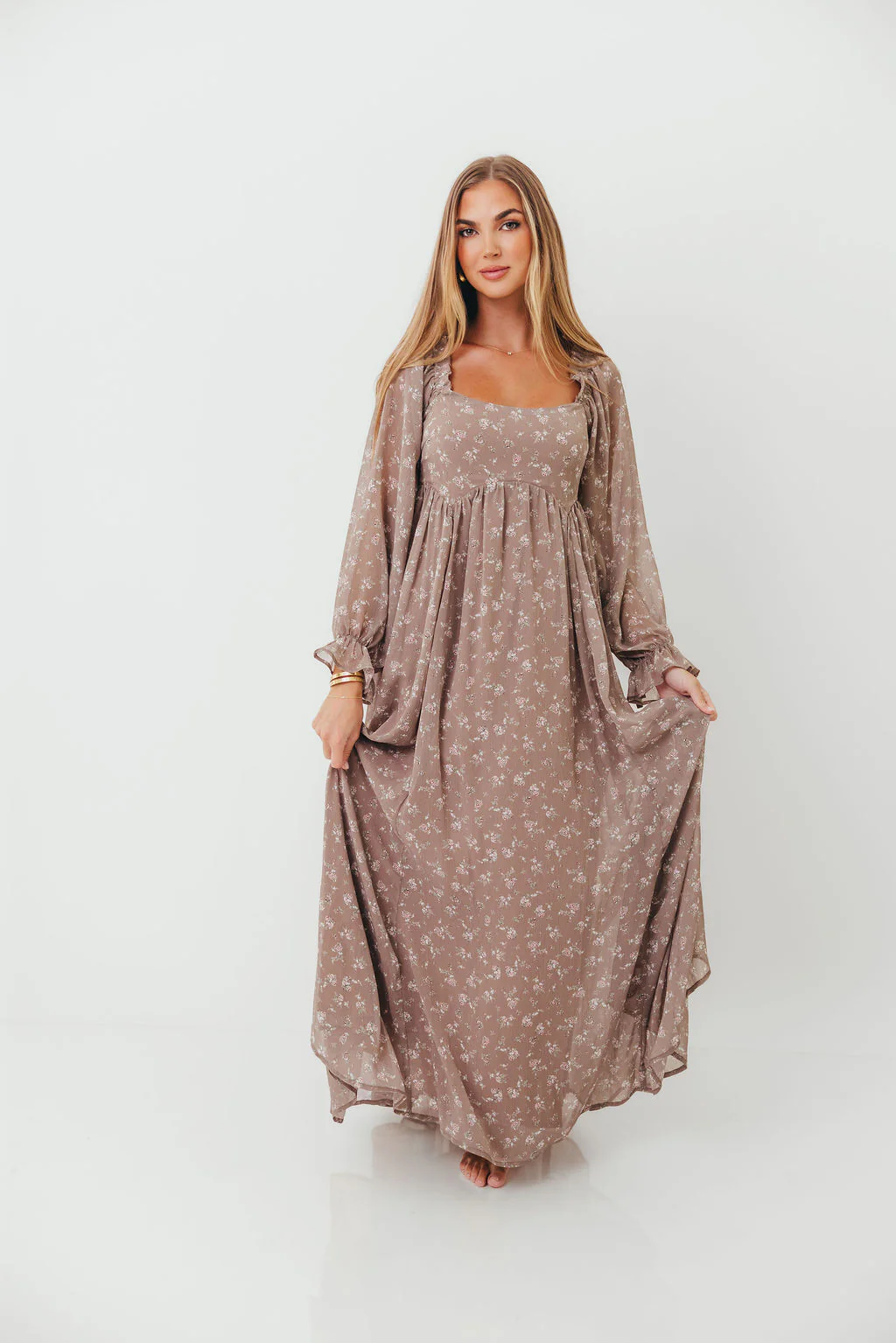 Amy Floral Long Sleeve Maxi Dress in Mocha Multi - Bump Friendly (Restocking in August) - Image 4
