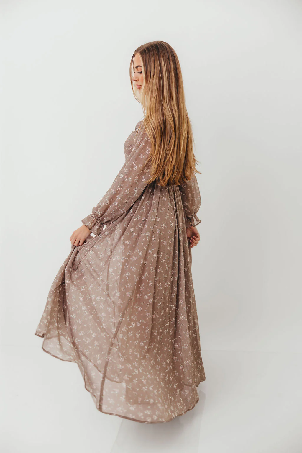 Amy Floral Long Sleeve Maxi Dress in Mocha Multi - Bump Friendly (Restocking in August) - Image 7