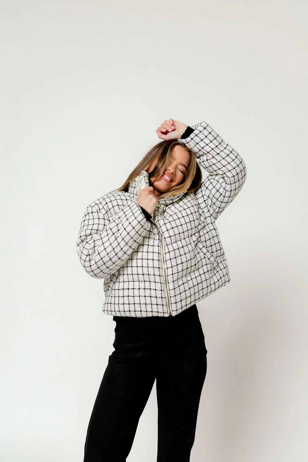 Anastasia Tweed Puff Jacket in Ecru/Black - Image 3