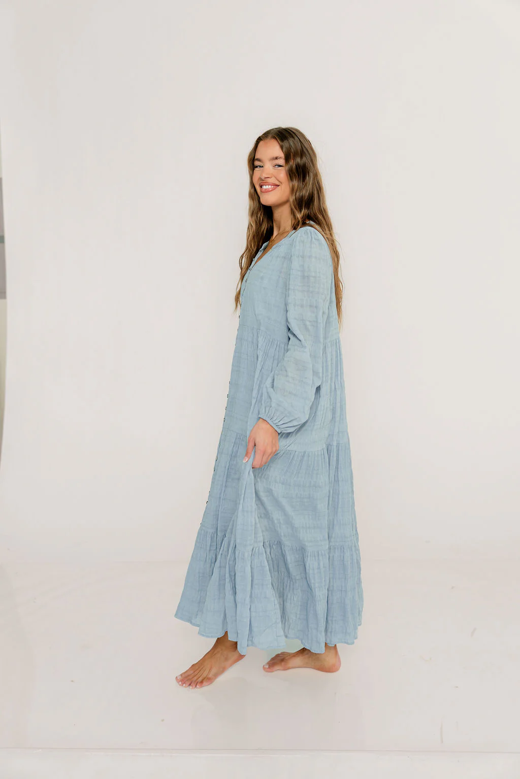 Anna Cotton-Blend Button Down Maxi Dress in Baby Blue - Bump Friendly - Image 10
