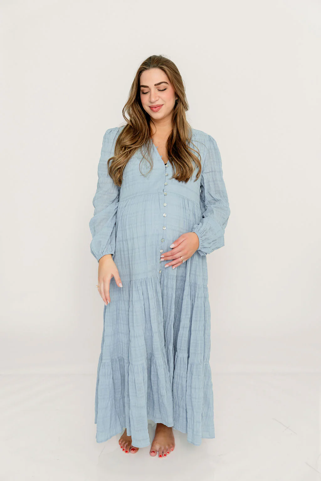 Anna Cotton-Blend Button Down Maxi Dress in Baby Blue - Bump Friendly - Image 13
