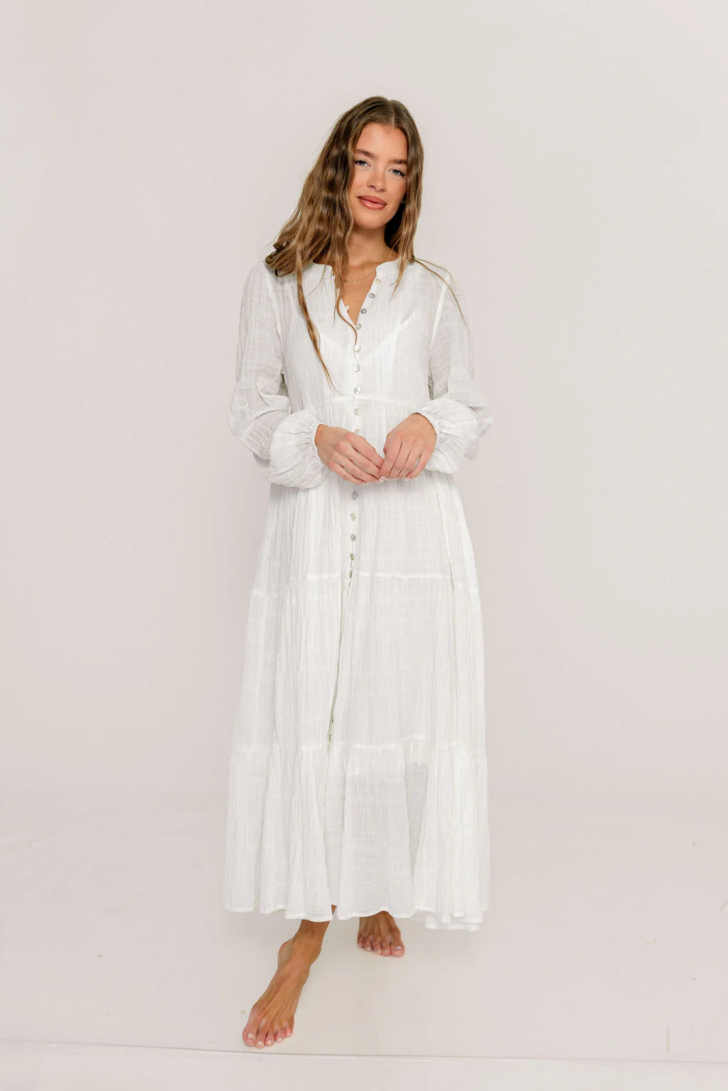 Anna Cotton-Blend Button Down Maxi Dress in Ivory - Bump Friendly