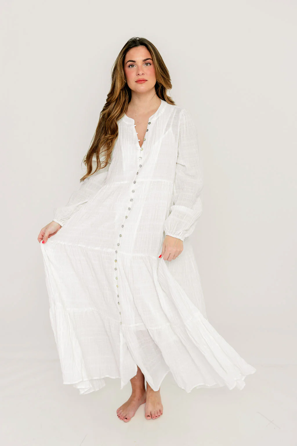 Anna Cotton-Blend Button Down Maxi Dress in Ivory - Bump Friendly - Image 11